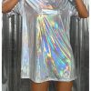 Women's Y2k Shiny Holographic Short Sleeve Metallic Party Disco Oversized Tshirt Dress
