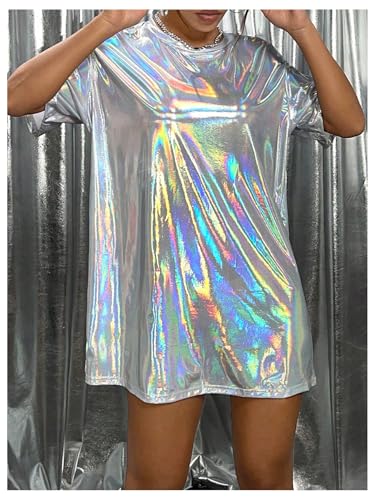 Women's Y2k Shiny Holographic Short Sleeve Metallic Party Disco Oversized Tshirt Dress
