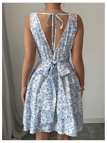 Women's Summer Floral Square Neck Tie Back Bow A Line Fit and Flare Flowy Boho Dress