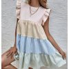 Women's Summer Ruffle Cap Sleeve Color Block Tiered Flowy Babydoll Mini Dress Sundress