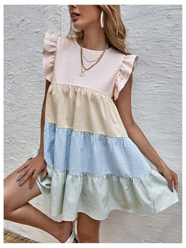 Women's Summer Ruffle Cap Sleeve Color Block Tiered Flowy Babydoll Mini Dress Sundress