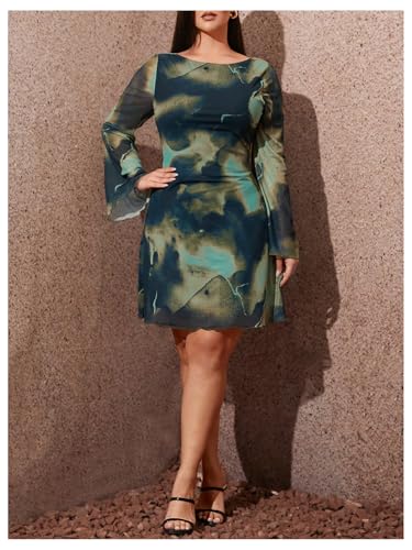 Women's Plus Size Sexy Backless Tie Dye Mesh Dress Bell Sleeve Flared Y2k Mini Dress