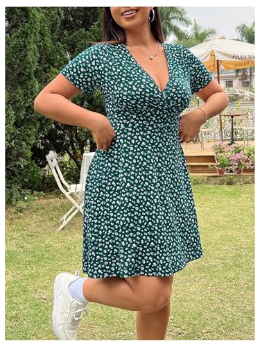 Women's Plus Size Floral Sundress V Neck A Line Flowy Short Sleeve Boho Cute Dress
