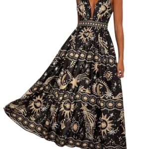 Women's Summer Tropical Sundress Deep V Neck Criss Cross Backless Flowy Maxi Dress