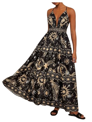 Women's Summer Tropical Sundress Deep V Neck Criss Cross Backless Flowy Maxi Dress