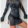 Women's Mesh Sheer Bell Long Sleeve Dress Side Slit Bodycon Boho Hippie Mini Dress