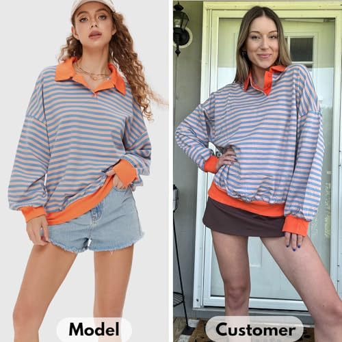 Womens Oversized Sweatshirt for Women 2024 Fall Button Striped Long Sleeve Shirts Hoodies Preppy Top Y2K Outfits