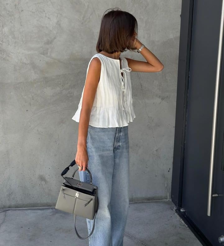 Linen Bow Tie Front Tank Top Women Coquette Pleated Peplum Blouse Y2K Babydoll Ruffle Shirt Sleeveless Tunic Outfits
