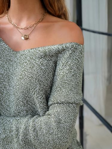 Womens Fall Oversized Sweaters Cotton Long Sleeve V Neck Off Shoulder Sweater Pullover Jumper Tops Trendy Winter 2025