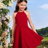 Girl's Scallop Trim Halter Sleeveless Flare Hem Solid A Line Mini Dress