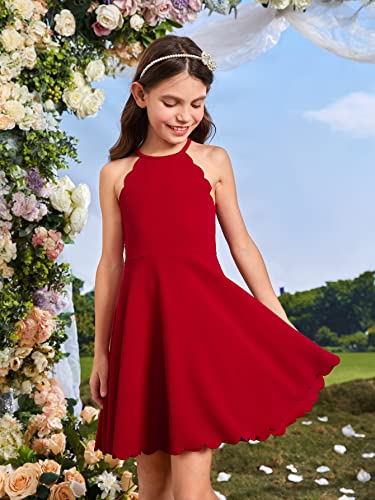 Girl's Scallop Trim Halter Sleeveless Flare Hem Solid A Line Mini Dress