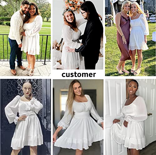 Women's 2025 Casual Long Lantern Sleeve Dresses Square Neck Ruffle Tie Back Elastic Waist Aline Short Mini Dress