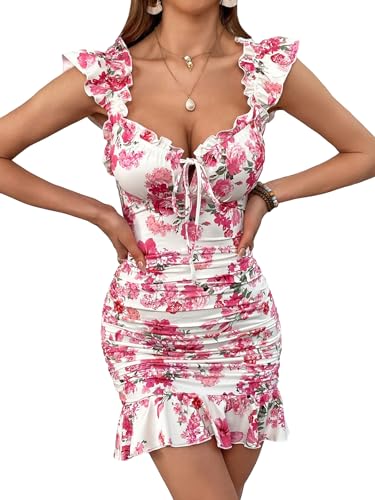 Women's Floral Sweetheart Neck Tie Front Ruffle Trim Ruched Sleeveless Mini Dress