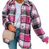 Women's Fall Color Block Plaid Flannel Shacket Jacket Button Down Shirt Coat Tops