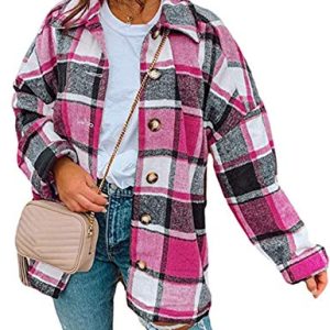 Women's Fall Color Block Plaid Flannel Shacket Jacket Button Down Shirt Coat Tops