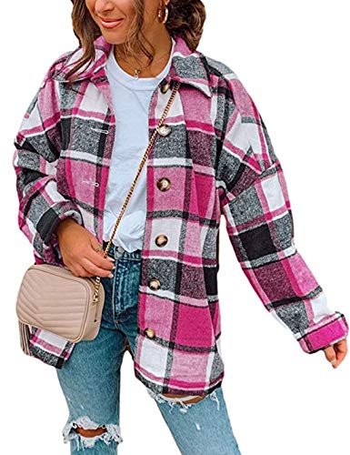 Women's Fall Color Block Plaid Flannel Shacket Jacket Button Down Shirt Coat Tops