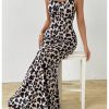 Women's Leopard Bodycon Cami Dress Cowl Neck Backless Long Maxi Dress Party Clubwear