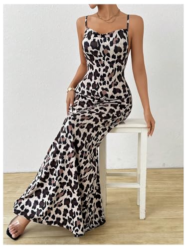 Women's Leopard Bodycon Cami Dress Cowl Neck Backless Long Maxi Dress Party Clubwear