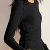 Women's Waffle Knit Tops Long Sleeve Shirts Casual Slim Fitted Crew Neck Pullover Shirts