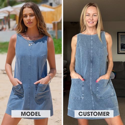 Womens Sleeveless Denim Dress Casual Summer Crewneck A Line Overall Mini Dress Jean Jumper Pinafore with Pockets 2025