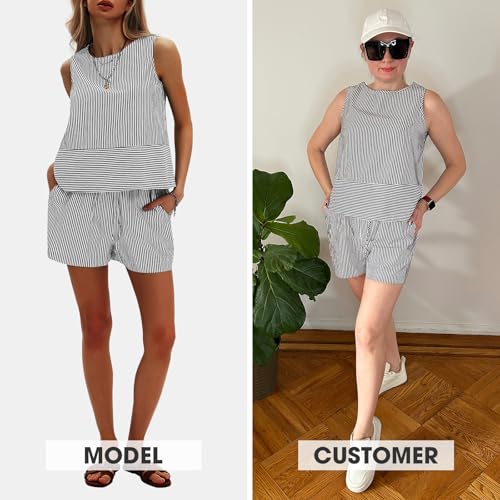 Women's Summer 2 Piece Outfits Sleeveless Tank Top Matching Shorts Sets Cotton Striped Sweatsuits Vacation Beach 2025