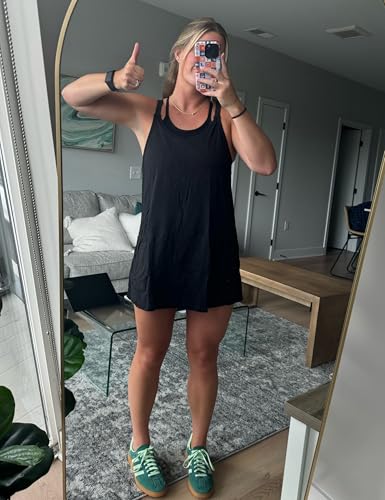 Women's Summer Sleeveless Mini Dress V Neck Spaghetti Straps Athletic Built-in Shorts Sundress