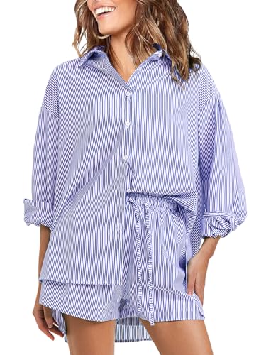 Women's Summer 2 Piece Sets Long Sleeve Button Down Shirts Matching Short Sets Beach Vacation Cruise Outfits 2025
