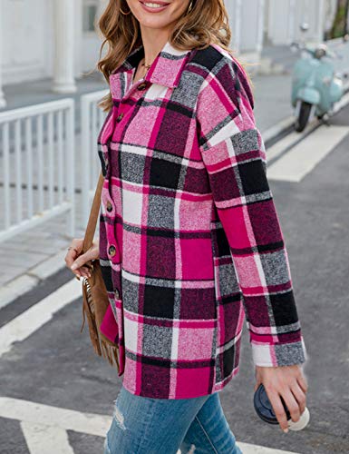 Women's Fall Color Block Plaid Flannel Shacket Jacket Button Down Shirt Coat Tops
