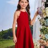 Girl's Scallop Trim Halter Sleeveless Flare Hem Solid A Line Mini Dress