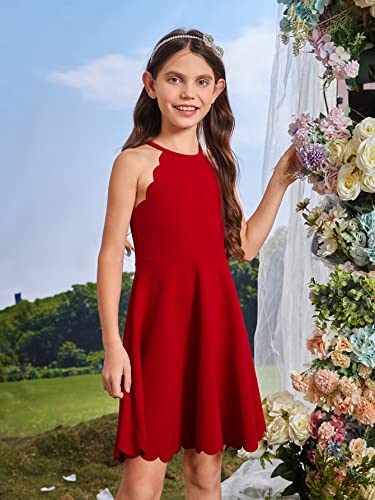 Girl's Scallop Trim Halter Sleeveless Flare Hem Solid A Line Mini Dress