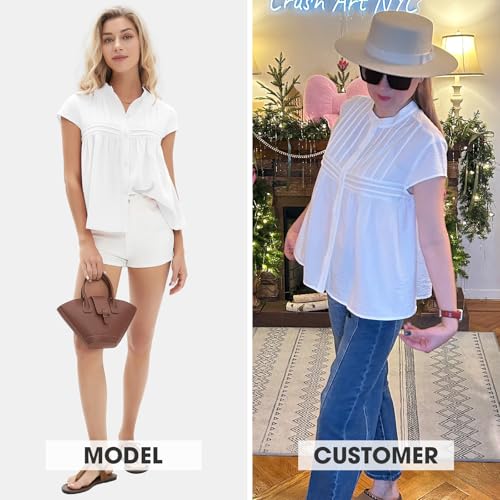 Women's 2025 Summer Cap Sleeve Tops Loose Button Down Dress Shirt Casual V Neck Pleated Textured Work Blouse