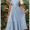 Girl's Summer Tie Back Bow Flutter Sleeve Square Neck Ruffle Hem Swing Maxi Dress
