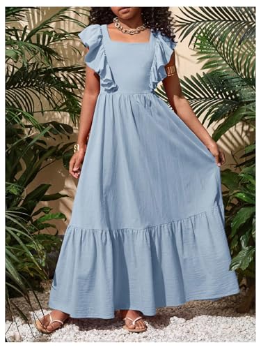 Girl's Summer Tie Back Bow Flutter Sleeve Square Neck Ruffle Hem Swing Maxi Dress