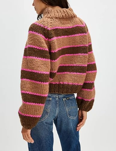 Women Stripe Pullover Sweater Turtleneck Ribbed Knit Top Casual Fall Winter Knitwear