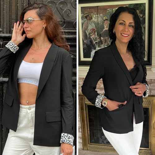 Women Casual Long Sleeve Leopard Cuff Blazers Open Front Stretchy Knit Blazer Business Work Office Suit Jacket Pockets