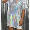 Women's Y2k Shiny Holographic Short Sleeve Metallic Party Disco Oversized Tshirt Dress
