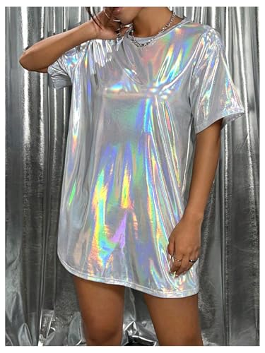 Women's Y2k Shiny Holographic Short Sleeve Metallic Party Disco Oversized Tshirt Dress