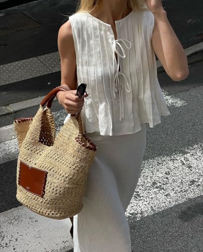 Linen Bow Tie Front Tank Top Women Coquette Pleated Peplum Blouse Y2K Babydoll Ruffle Shirt Sleeveless Tunic Outfits