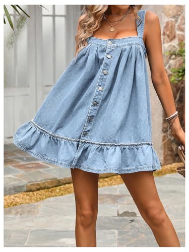 Women's Ruffle Hem Denim Mini Dress Sleeveless Button Up Flowy Jean Tank Dresses