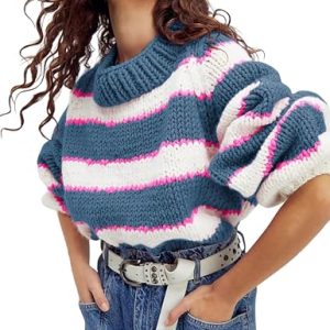 Women Stripe Pullover Sweater Turtleneck Ribbed Knit Top Casual Fall Winter Knitwear