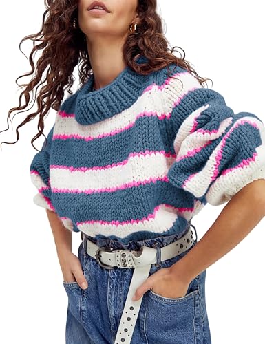 Women Stripe Pullover Sweater Turtleneck Ribbed Knit Top Casual Fall Winter Knitwear