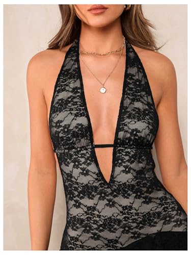 Women's Sleeveless Halter Deep V Neck Dress Backless Tie Back Ruched Lace Bodycon Mini Dresses