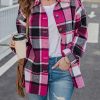 Women's Fall Color Block Plaid Flannel Shacket Jacket Button Down Shirt Coat Tops