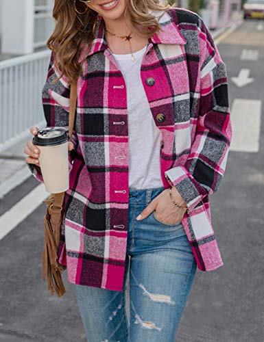 Women's Fall Color Block Plaid Flannel Shacket Jacket Button Down Shirt Coat Tops