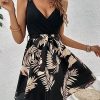 Women's Criss Cross Backless Wrap V Neck A Line Belted Flowy Tropical Cami Dress