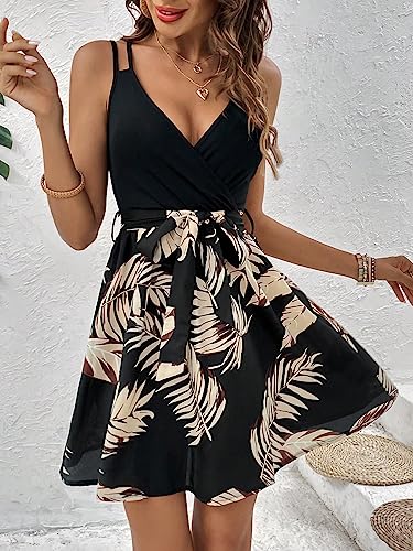 Women's Criss Cross Backless Wrap V Neck A Line Belted Flowy Tropical Cami Dress