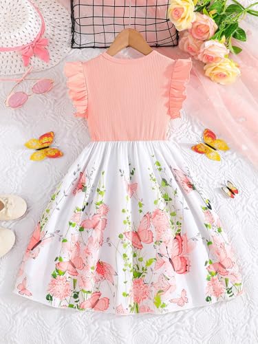Girl's Summer Floral Dress Ruffle Sleeve A Line Flowy Ribbed Boho Vacation Dress