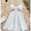 SHENHE Women's Summer Eyelet Open Back Cami Dress Cut Out V Smocked Neck Flowy Boho Vacation Sundress