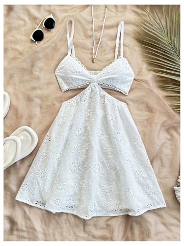 SHENHE Women's Summer Eyelet Open Back Cami Dress Cut Out V Smocked Neck Flowy Boho Vacation Sundress