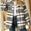 Womens Fall Flannel Plaid Shacket Jacket Wool Blend Button Down Shirt Coat Tops(#2 Grey-L)